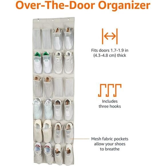 Over Door Hanging Shoe Organizer 24 Pocket Rack Holder Closet Storage Grey - Picture 3 of 8